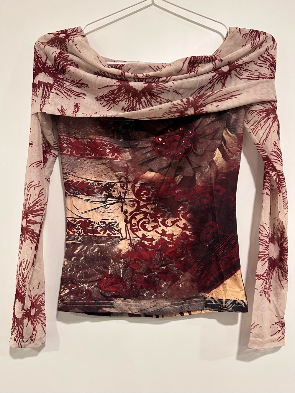 Boho Goth Off-Shoulder Long Sleeve Top in Burgundy Print